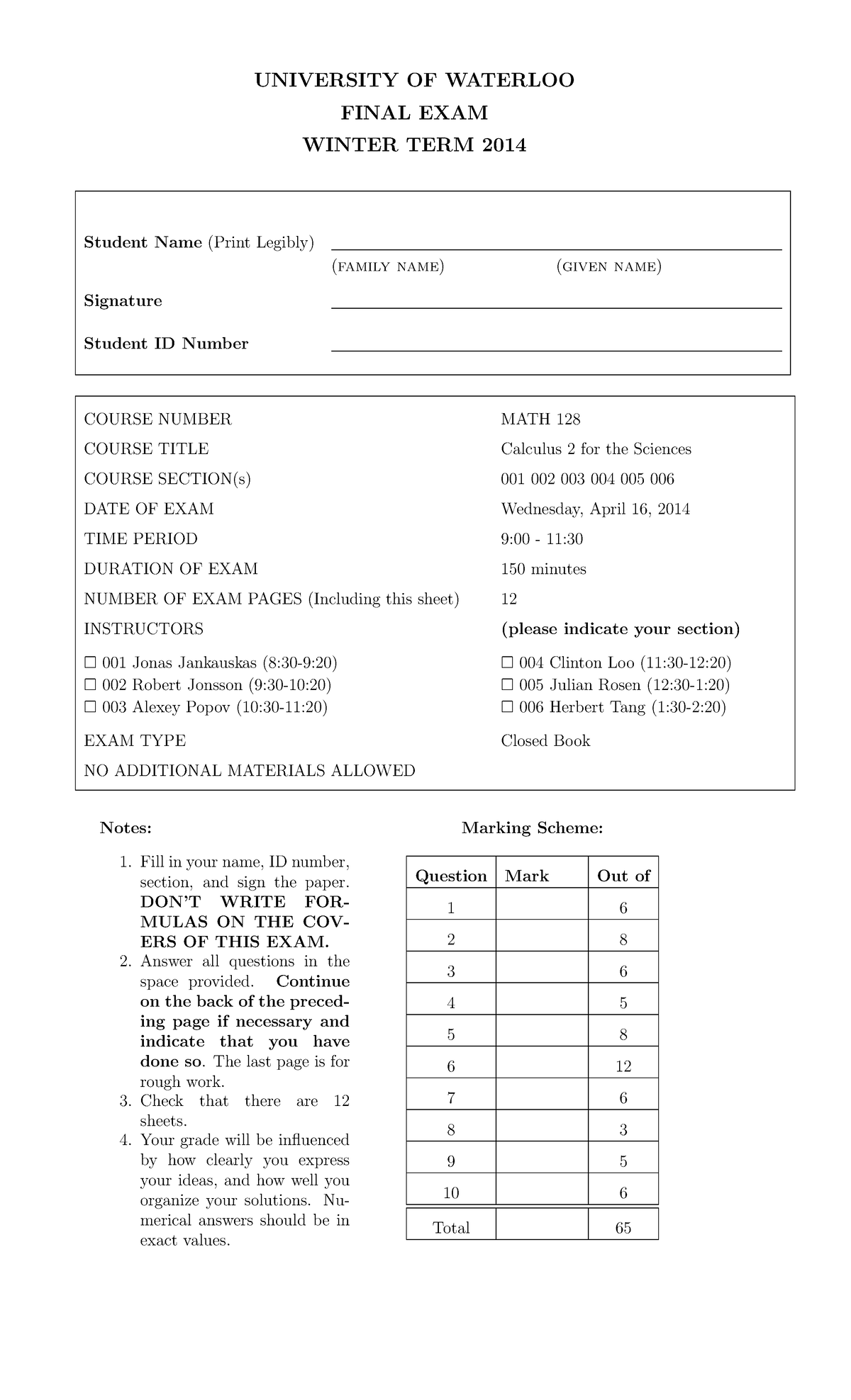 Final exam 2014, questions - UNIVERSITY OF WATERLOO FINAL EXAM WINTER ...