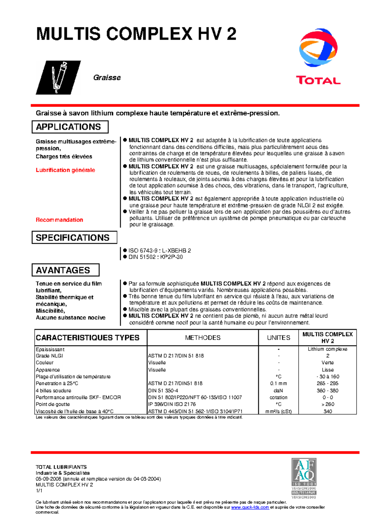 TDS Total Multis Complex HV 2 KZ1 2008 09 FR TOTAL LUBRIFIANTS Industrie & Spécialités 05 09