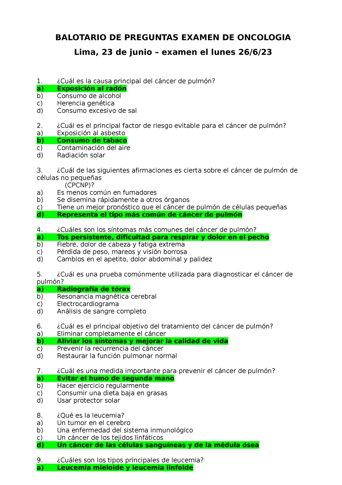 Balotario DE Preguntas Examen DE Oncologia - BALOTARIO DE PREGUNTAS ...