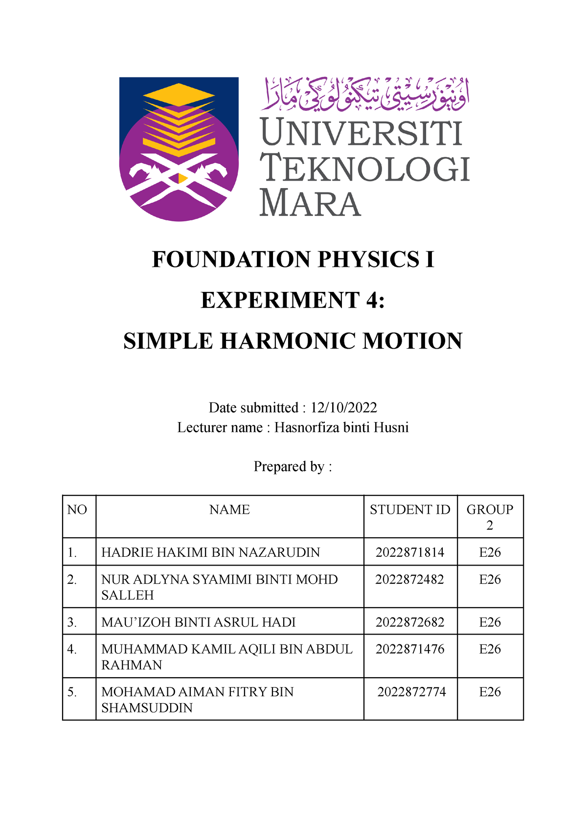 Simple Harmonic Motion - FOUNDATION PHYSICS I EXPERIMENT 4: SIMPLE ...