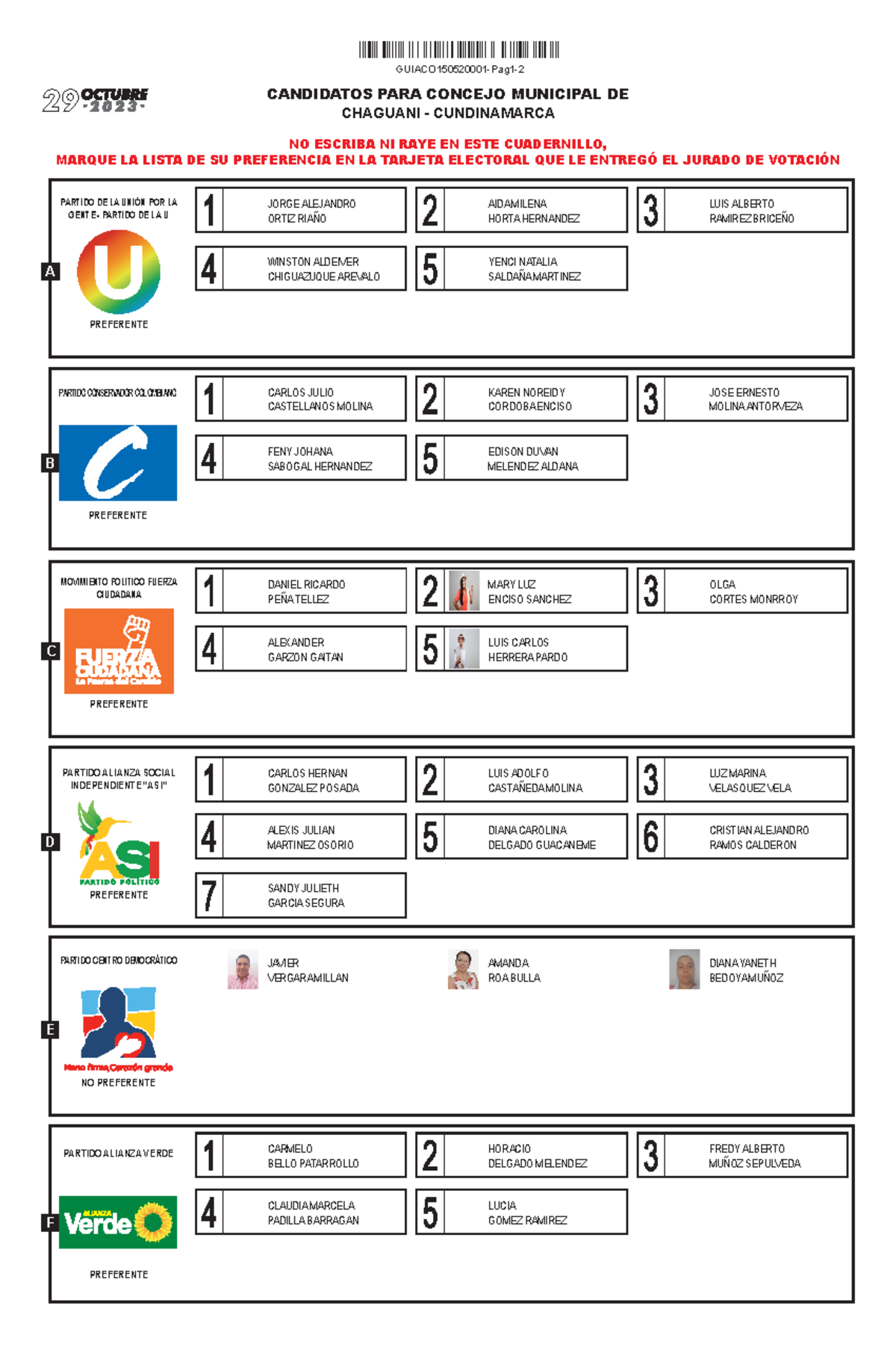 Cuadernillo Concejo Marque La Lista De Su Preferencia En La Tarjeta Electoral Que Le EntregÓ 1049