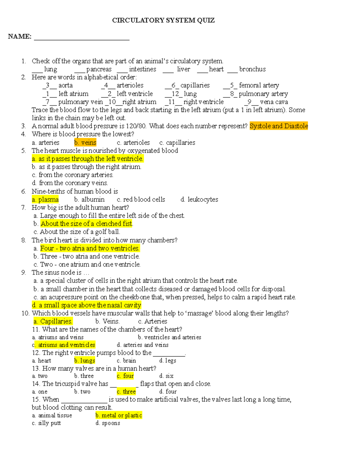 Circulatory Quiz - CIRCULATORY SYSTEM QUIZ NAME ...