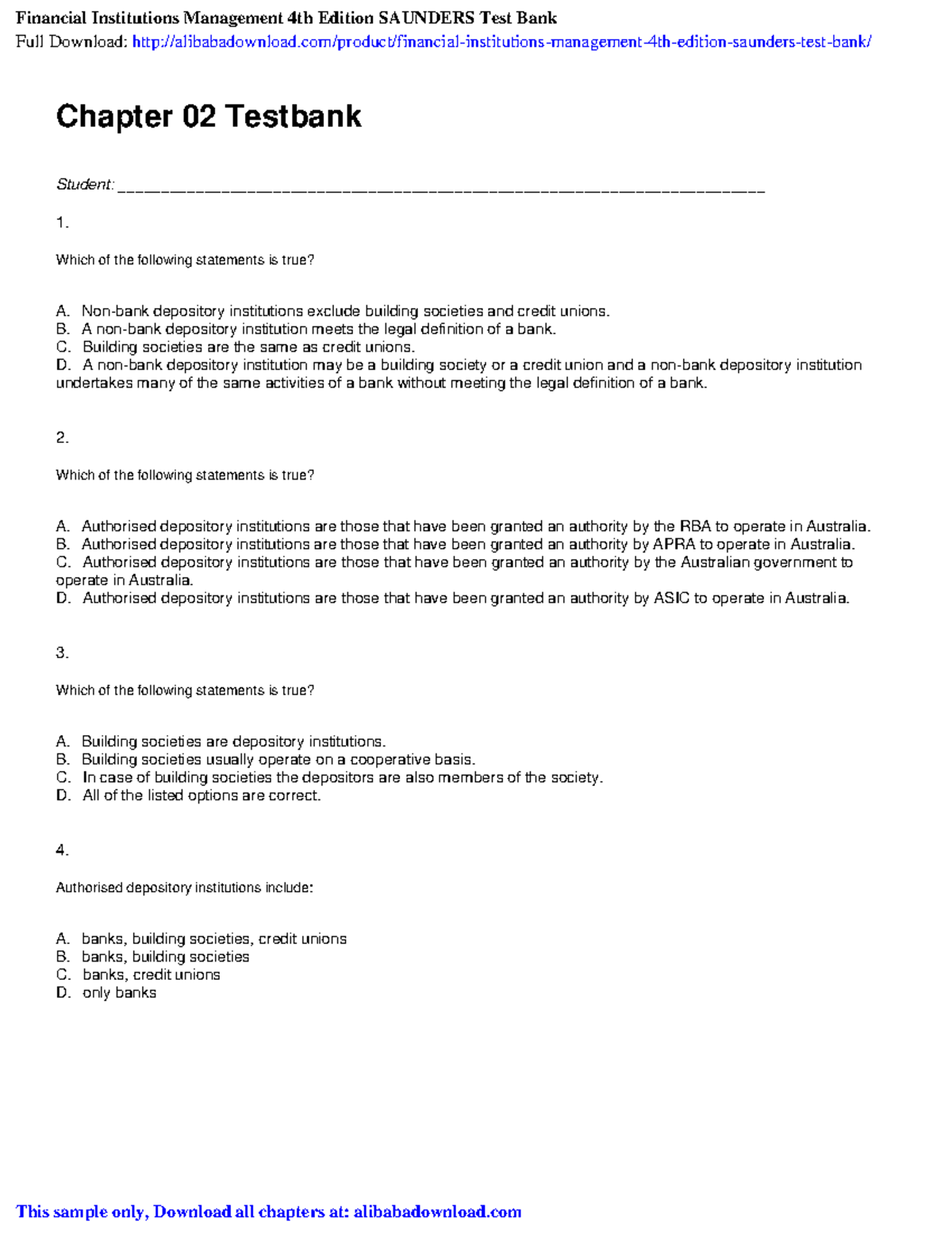 CH2 - Test Bank Financial Institutions Management 4th Ed - Chapter 02 ...