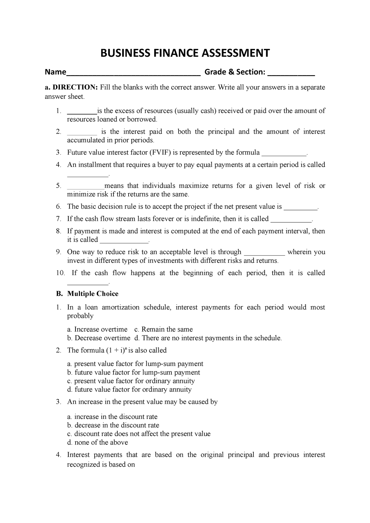 assignment 6 business finance instructions