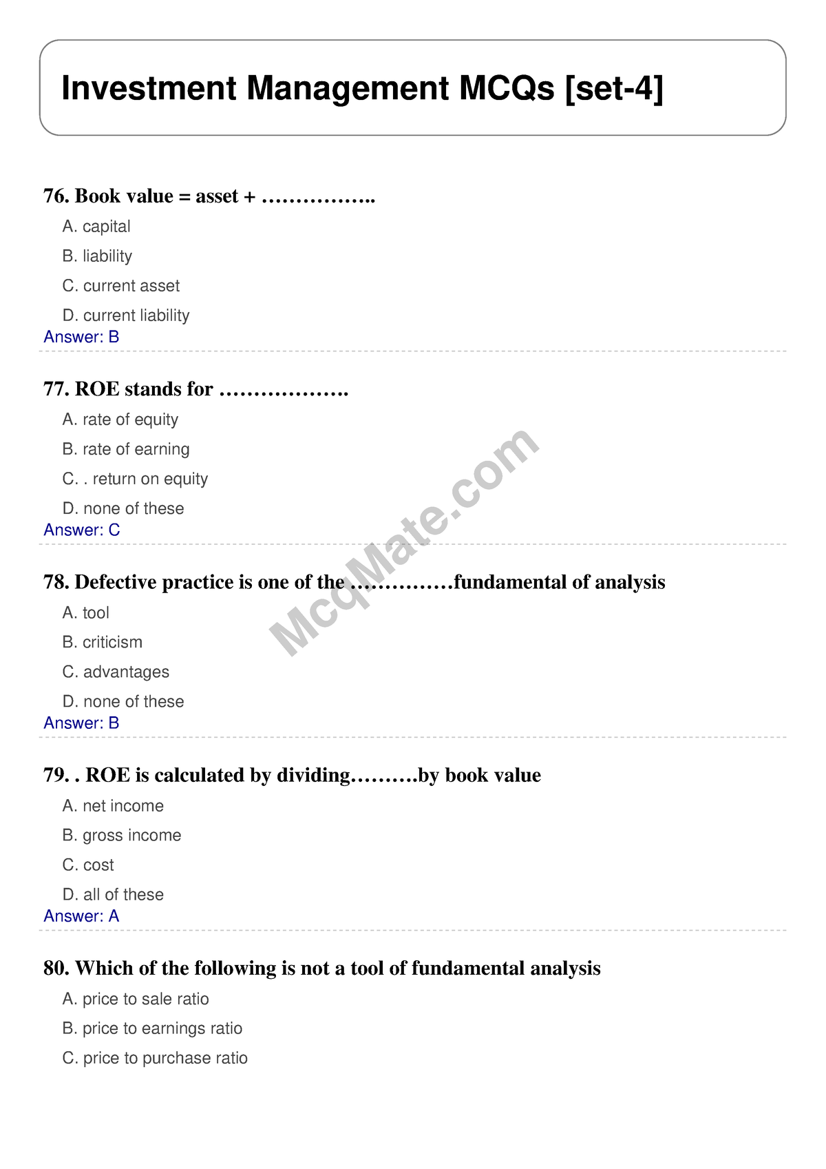 Investment Management Solved MCQs [set-4] Mcq Mate.com - McqMate ...