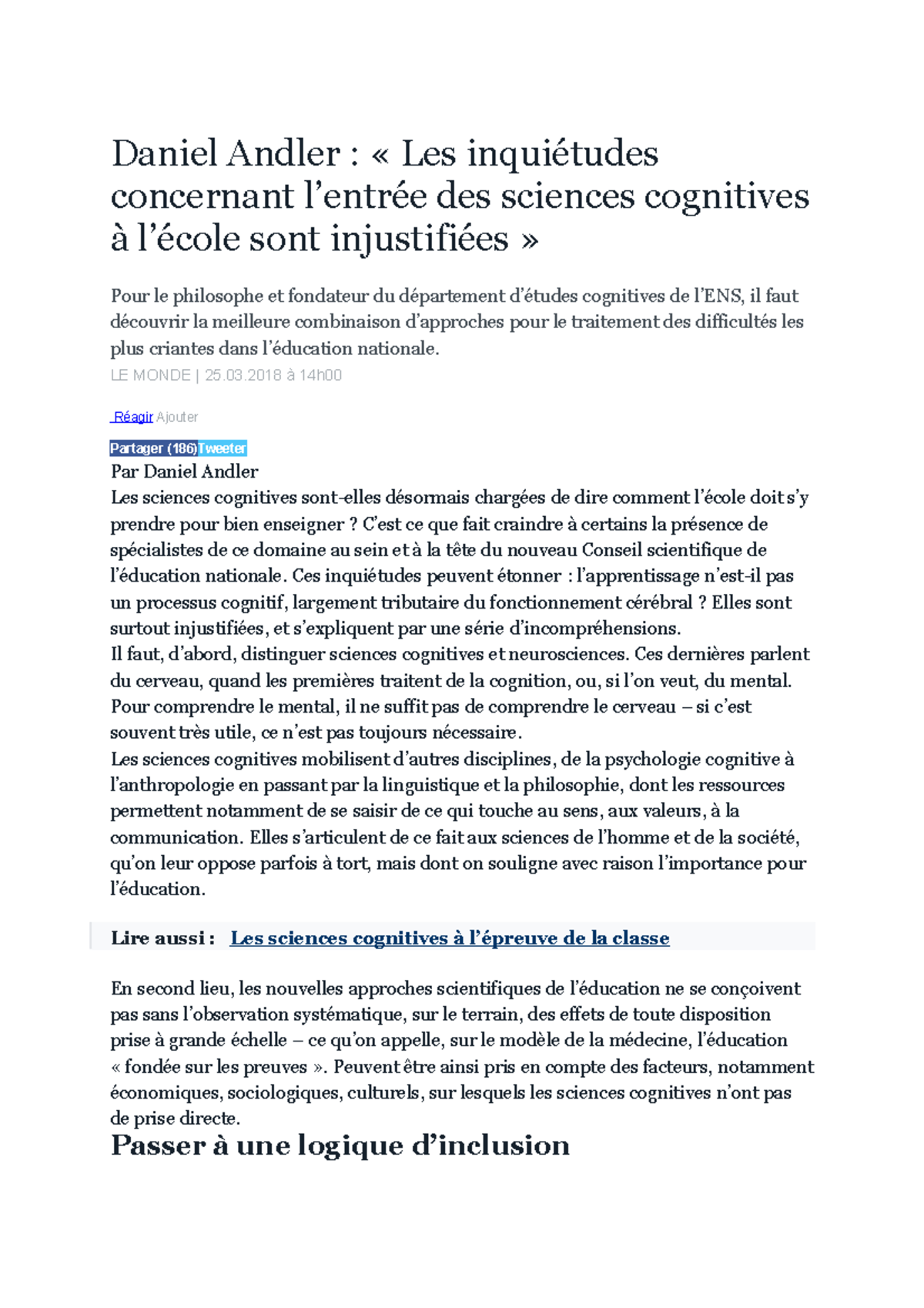 Daniel Andler : texte - Daniel Andler : « Les inquiétudes concernant l ...