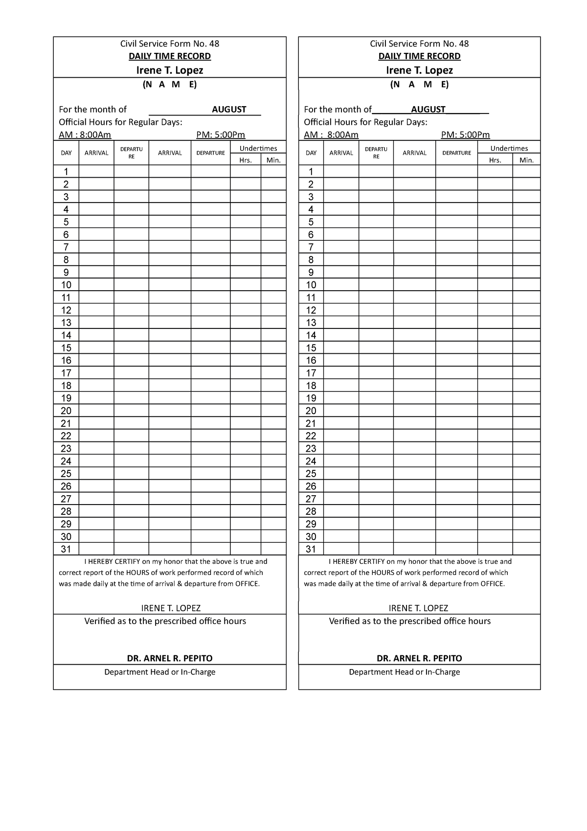 2022 DTR Mmlll Civil Service Form No 48 Civil Service Form No 48 