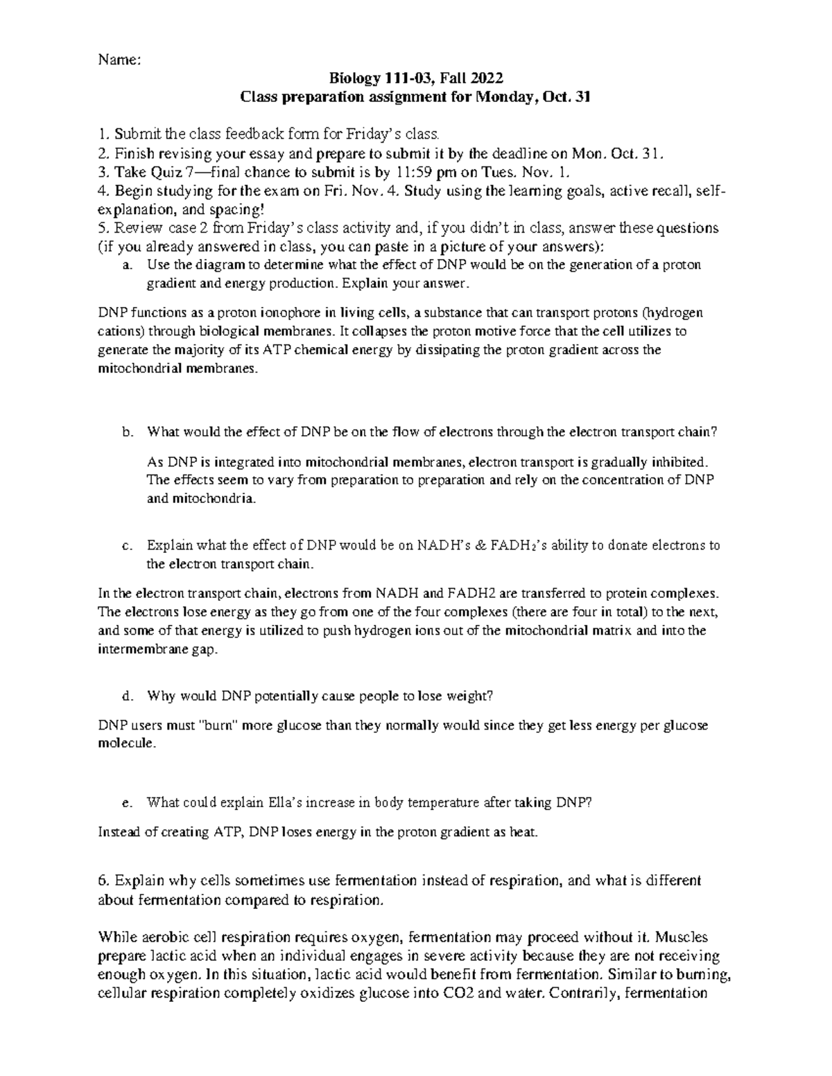 Bio111-03-Class 26Prep-10-31-22 - Name: Biology 111-03, Fall 2022 Class ...