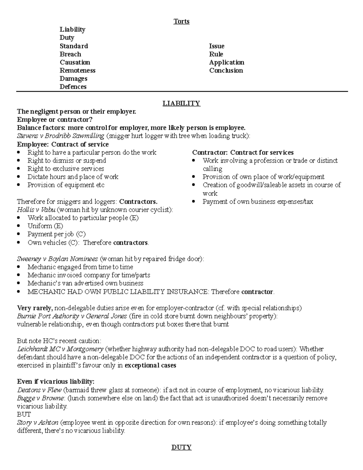 Bens- Torts Checklist - general approach to and summary template for ...