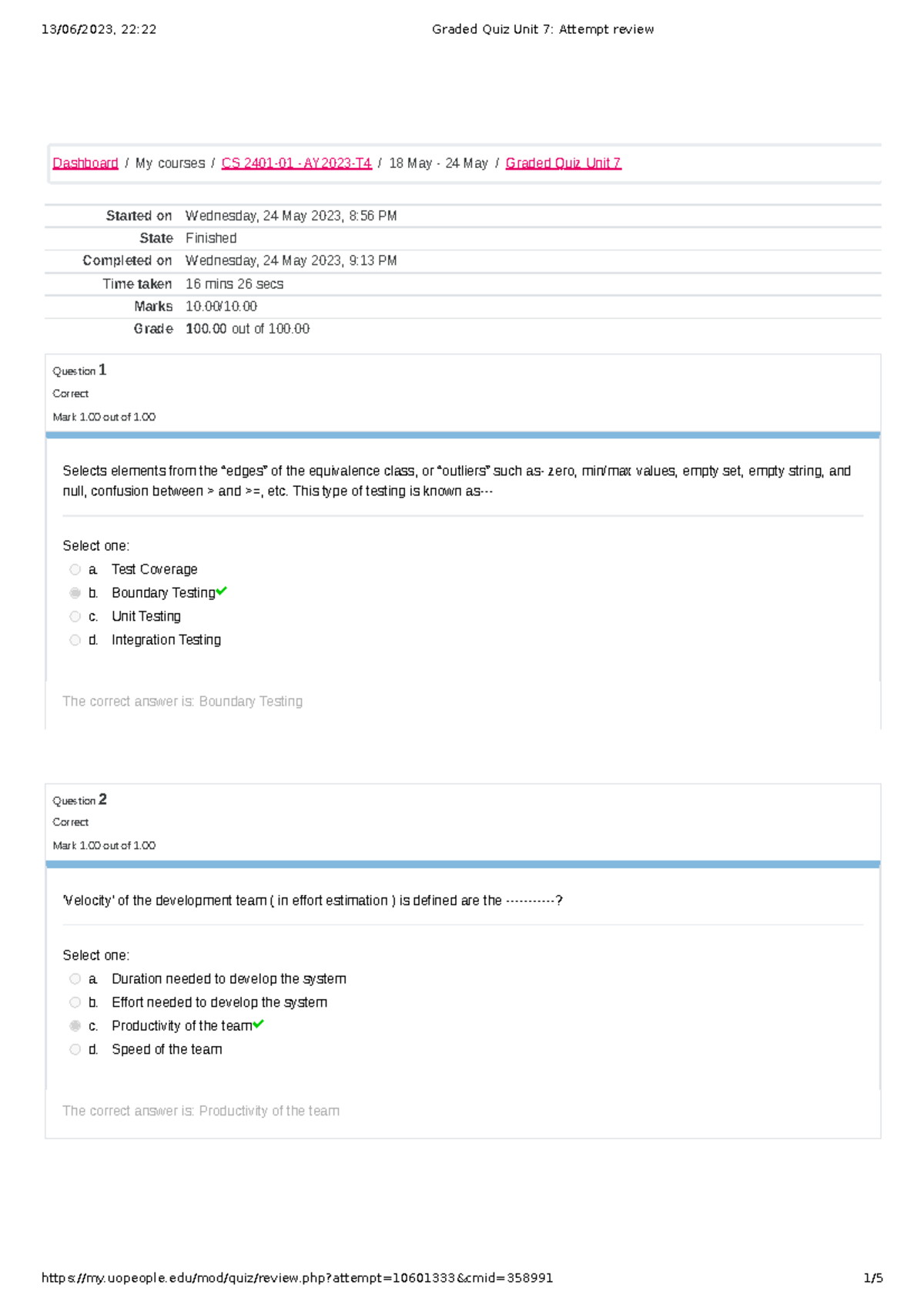 Graded Quiz Unit 7 CS 2401-01 Software Engineering 1 - Started On ...