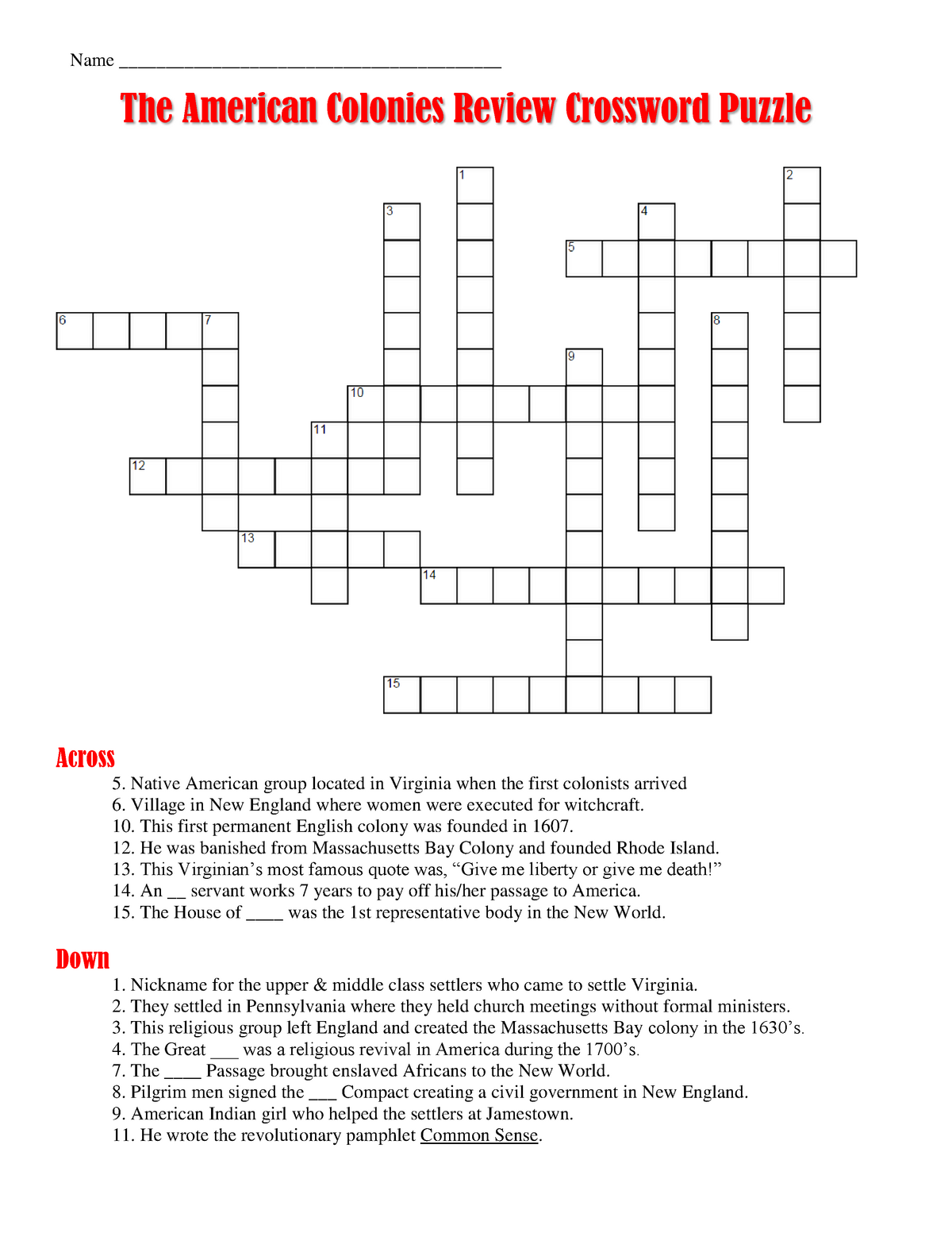 Colonies Review Crossword Puzzle Name