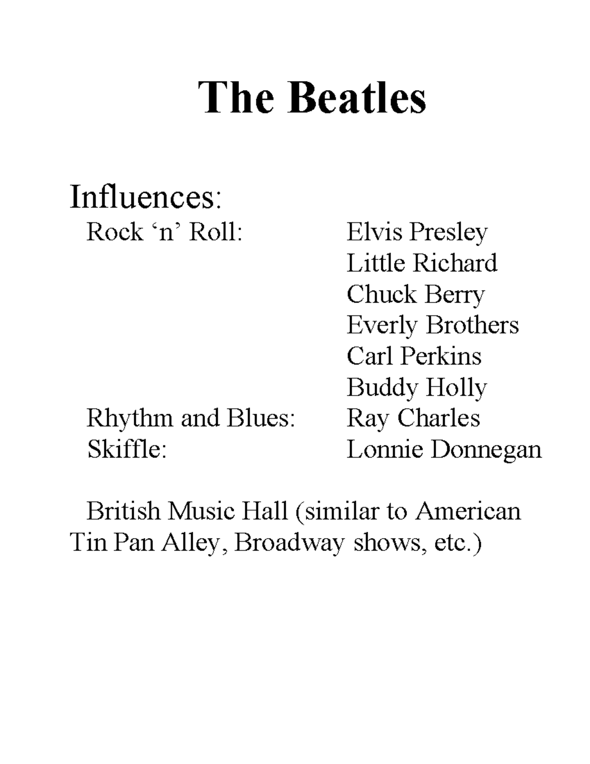 14-Beatles - lecture notes - The Beatles Influences: Rock ‘n’ Roll ...