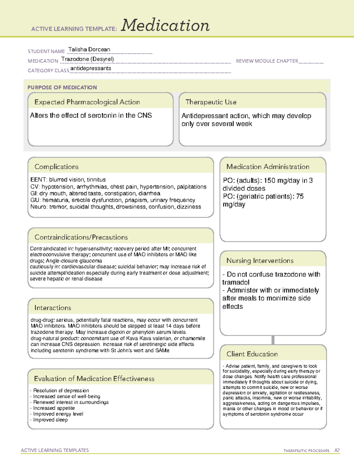 Trazodone (Desyrel) - med sheet - ACTIVE LEARNING TEMPLATES THERAPEUTIC ...