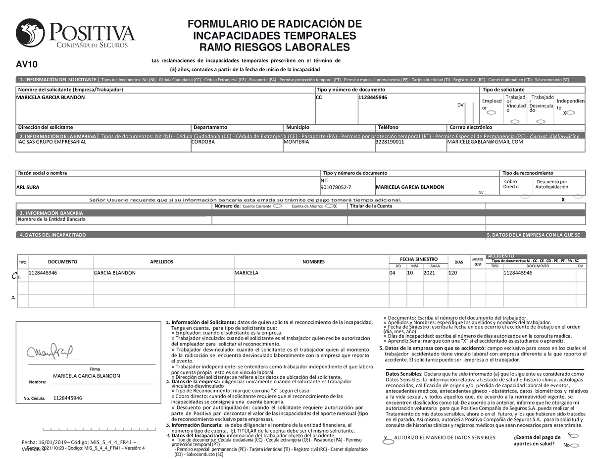Formulario De Radicación De Incapacidades Temporales ARL 2 - 3 ...