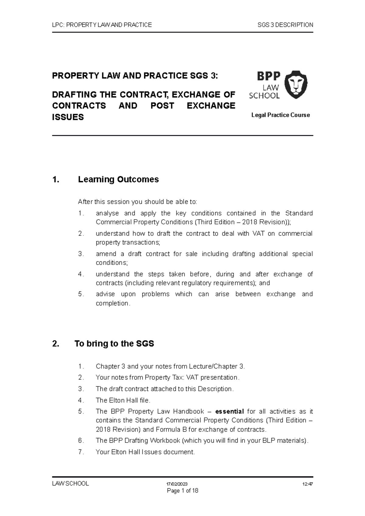Property SGS 3 Description 2223 LPC PROPERTY LAW AND PRACTICE SGS 3
