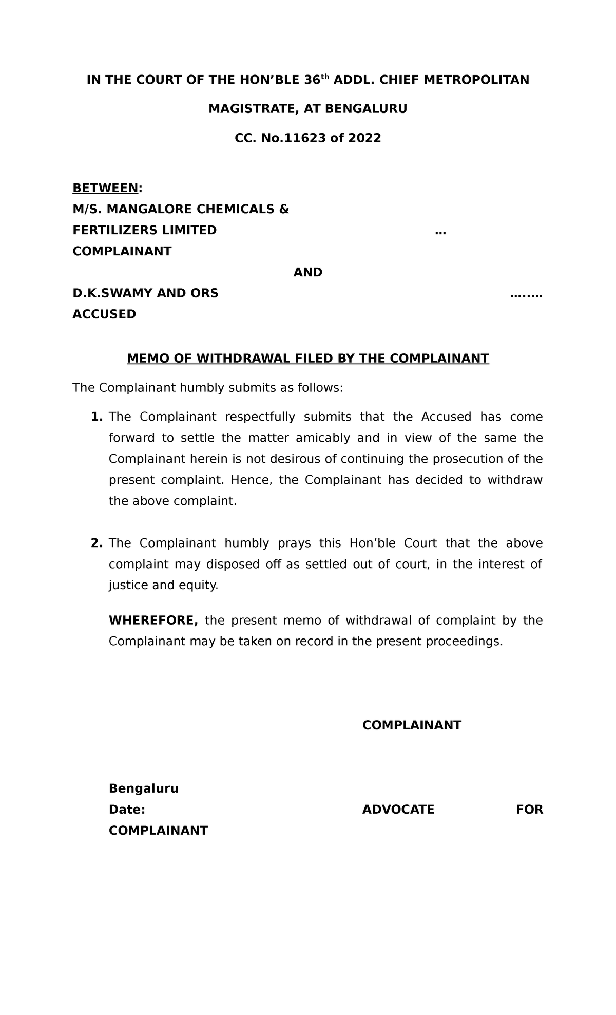 Memo of withdrawal IN THE COURT OF THE HON’BLE 36th ADDL. CHIEF