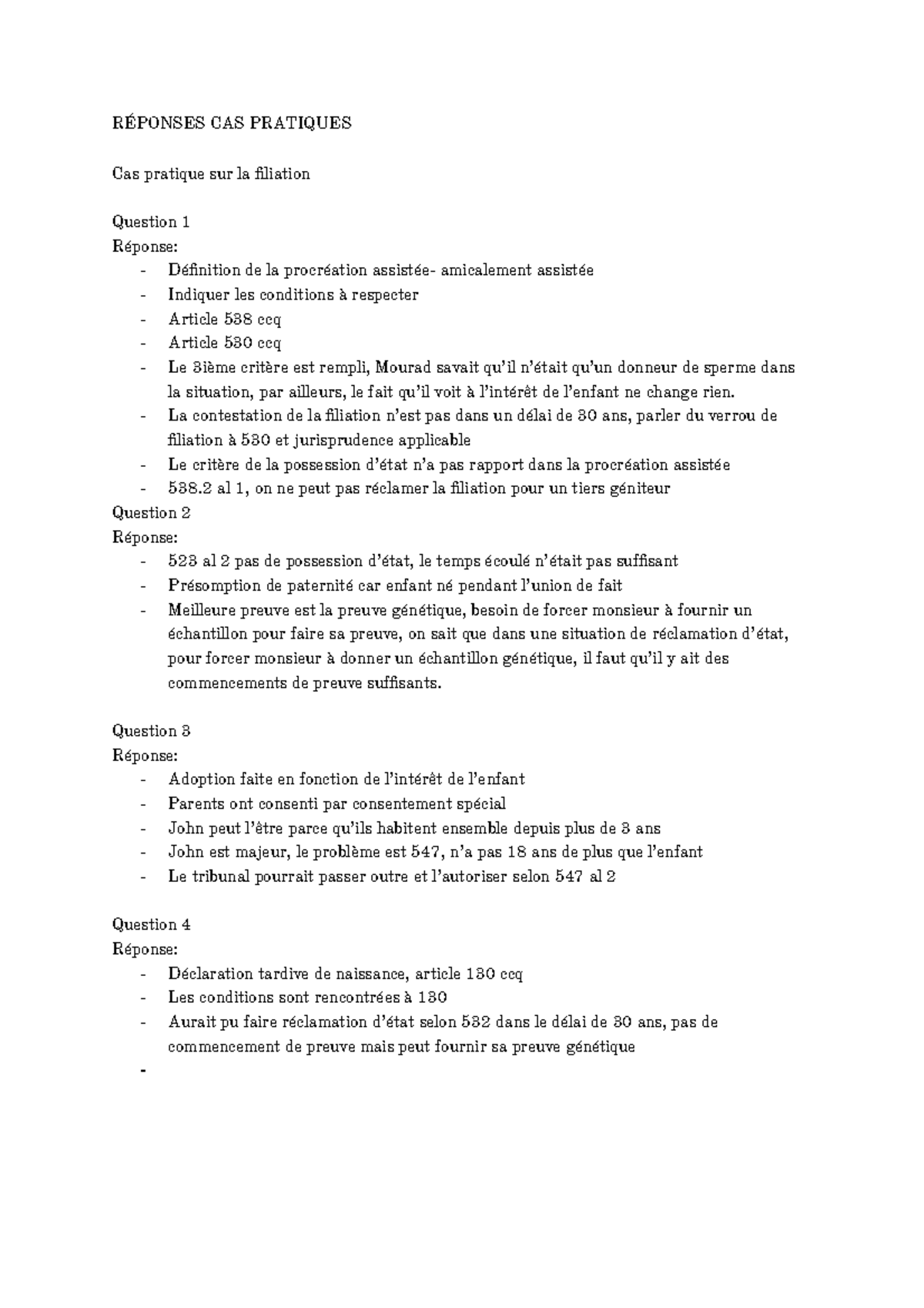 Cas pratiques filiation, droit de la famille - RÉPONSES CAS PRATIQUES ...