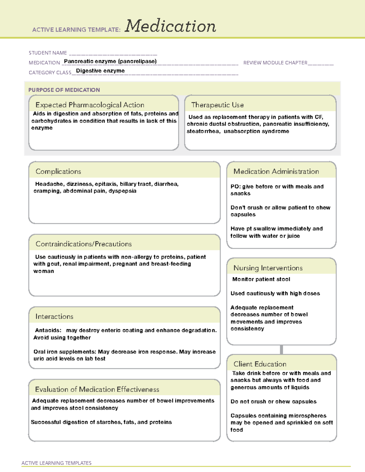 Medication pancreatic enzyme ACTIVE LEARNING TEMPLATES Medication