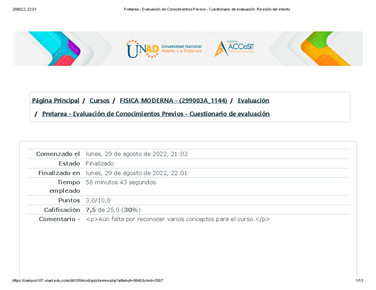 Pretarea - Evaluación De Conocimientos Previos - Cuestionario De ...