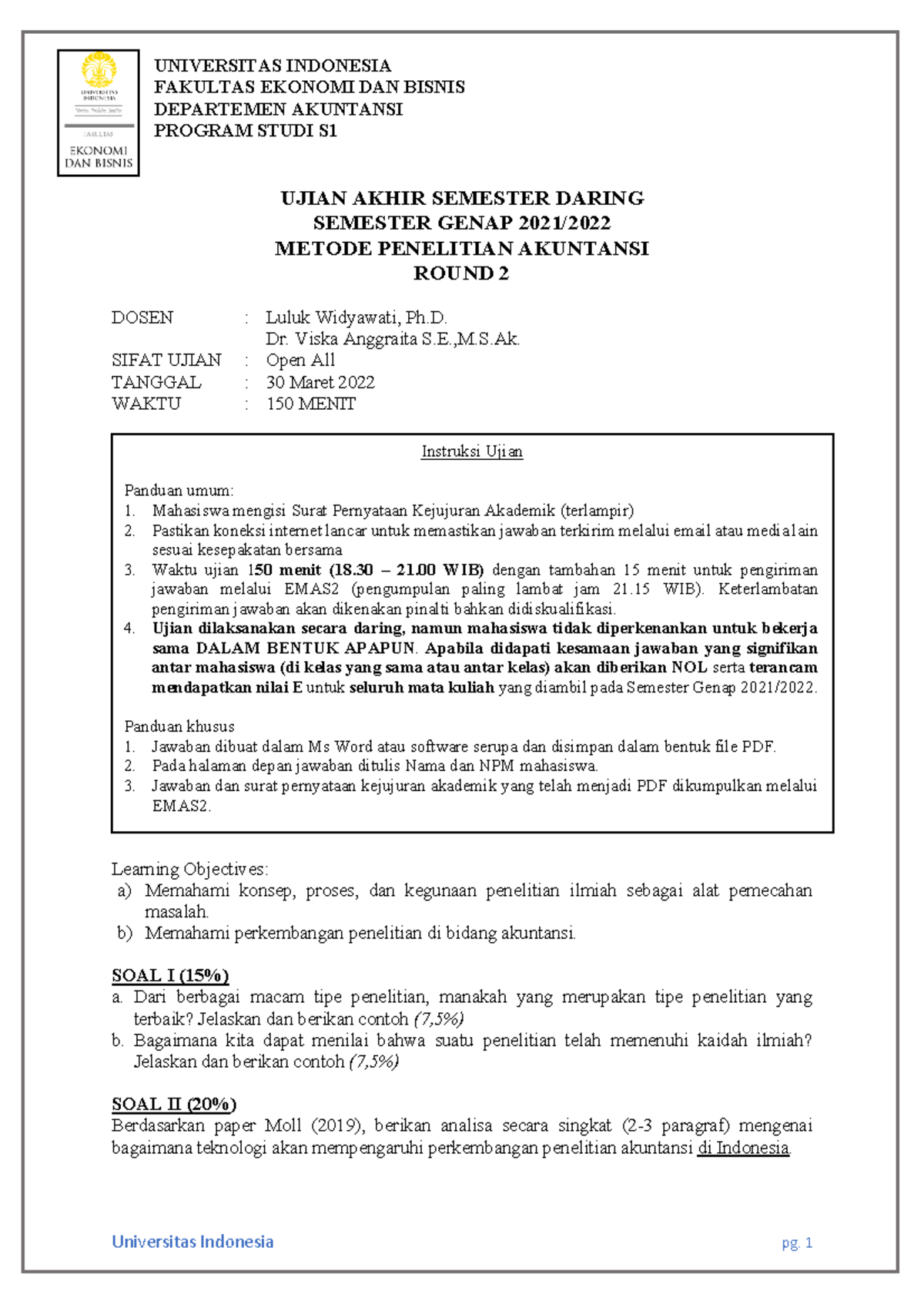 Soal UTS Metolak Round 2 Genap 2021-2022 - UNIVERSITAS INDONESIA ...