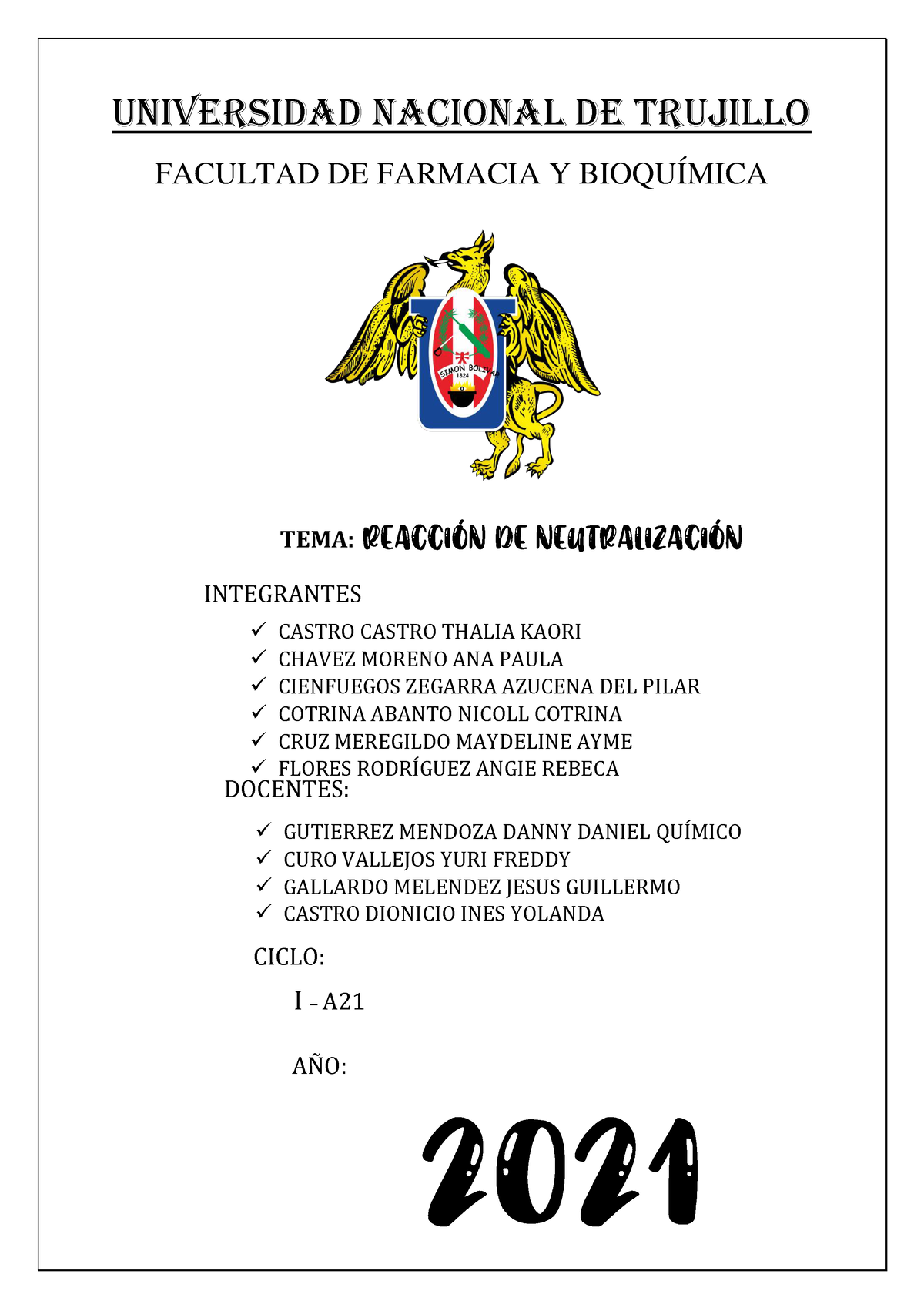 Informe Reaccion DE Neutralizacion - UNIVERSIDAD NACIONAL DE TRUJILLO ...