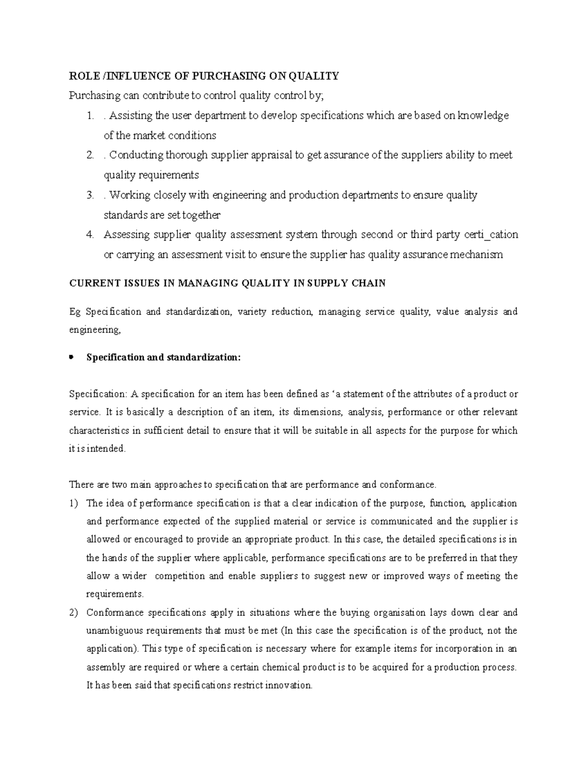 ROLE OF Procurement IN Quality MGT - ROLE /INFLUENCE OF PURCHASING ON ...