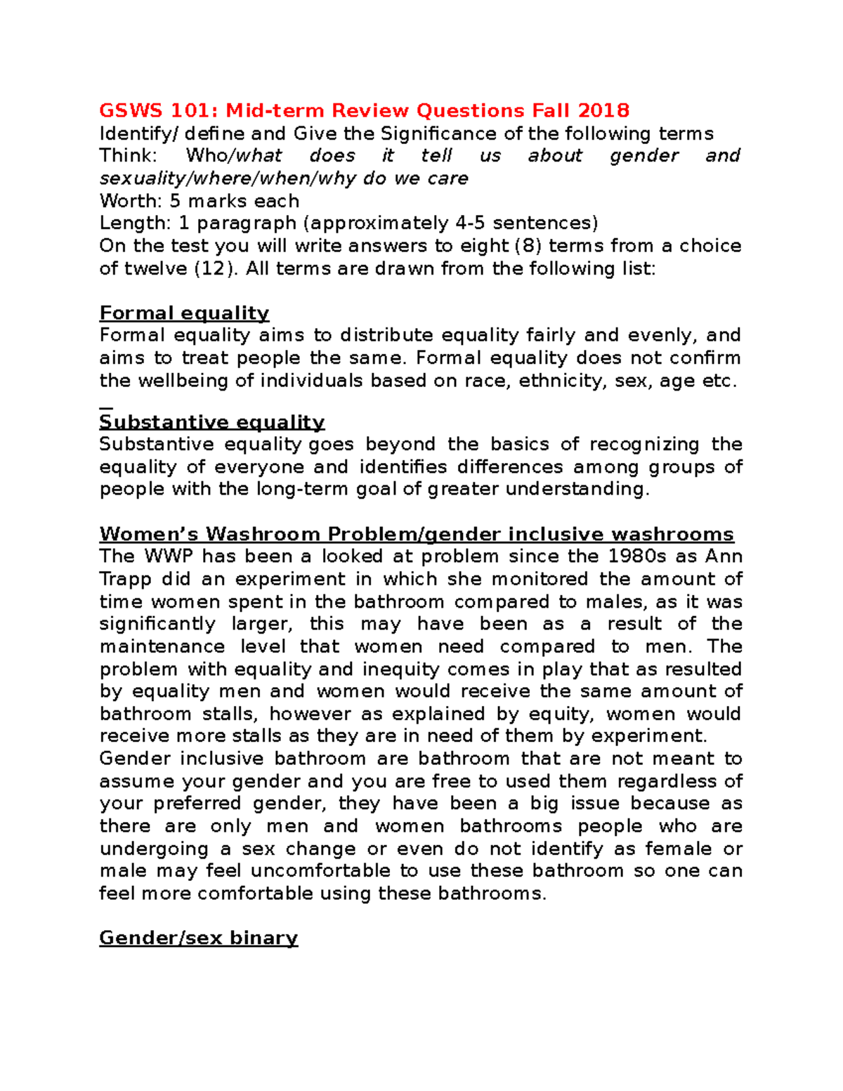 GSWS Midterm - GSWS 101 : Mid-term Review Questions Fall 2018 Identify ...
