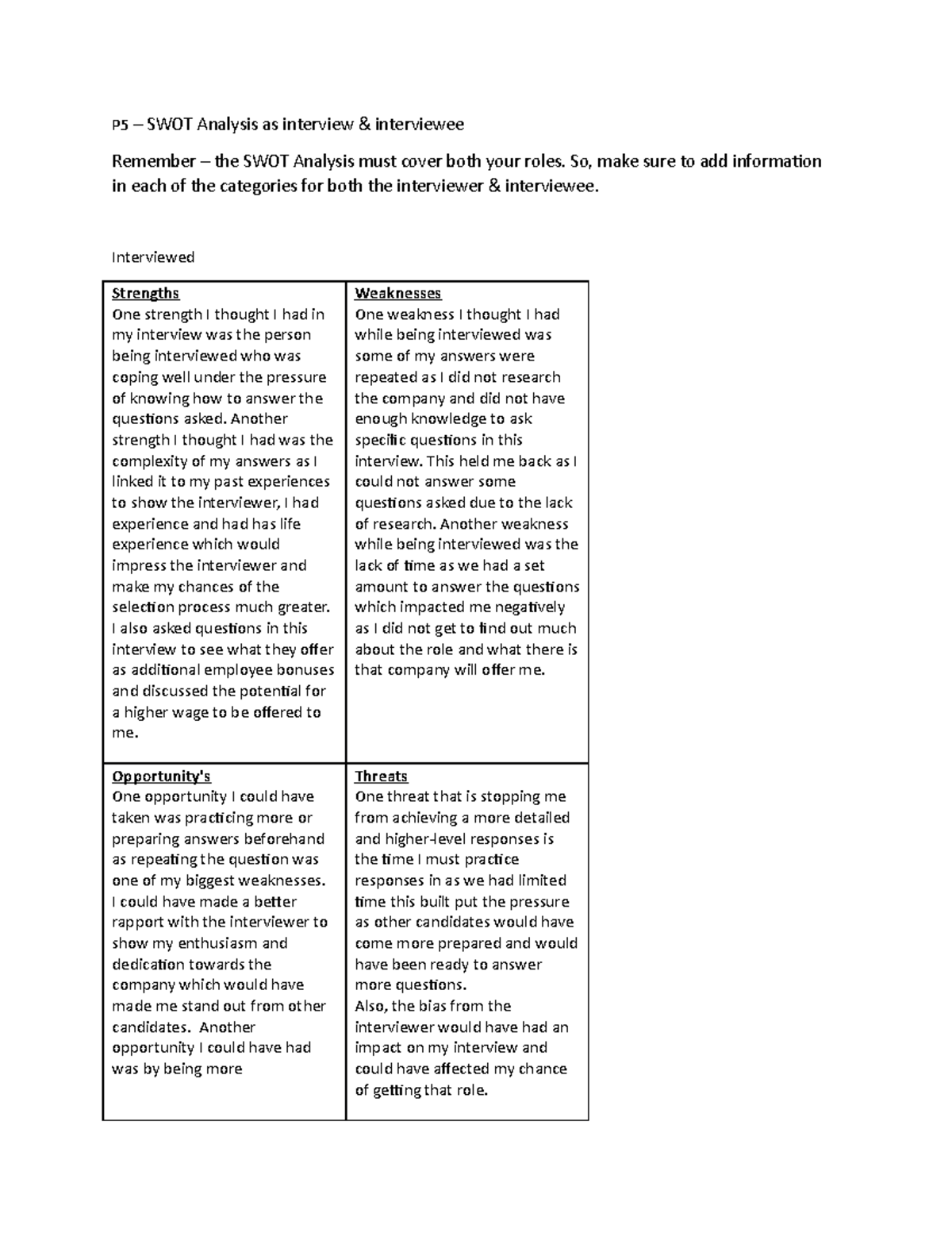 P5 selection process - P5 – SWOT Analysis as interview & interviewee ...