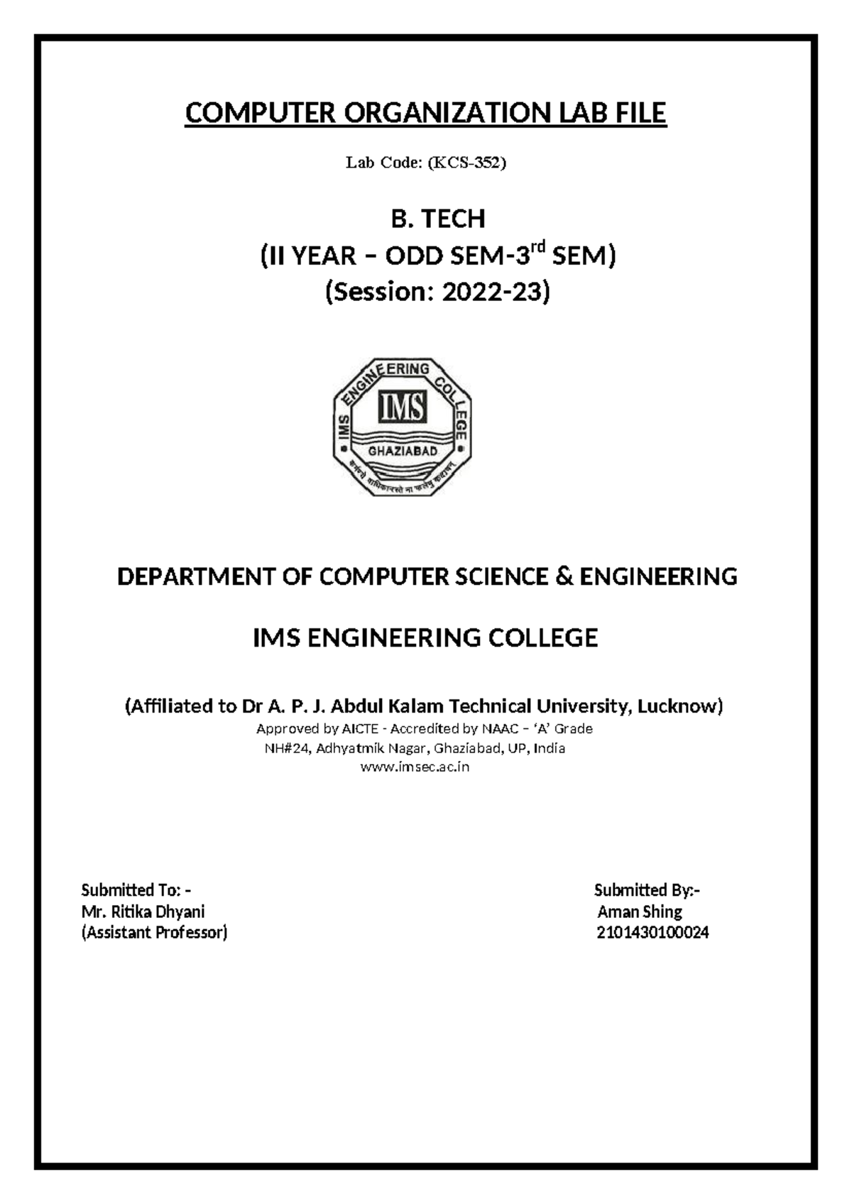 Aman - eel - COMPUTER ORGANIZATION LAB FILE Lab Code: (KCS-352) B. TECH ...