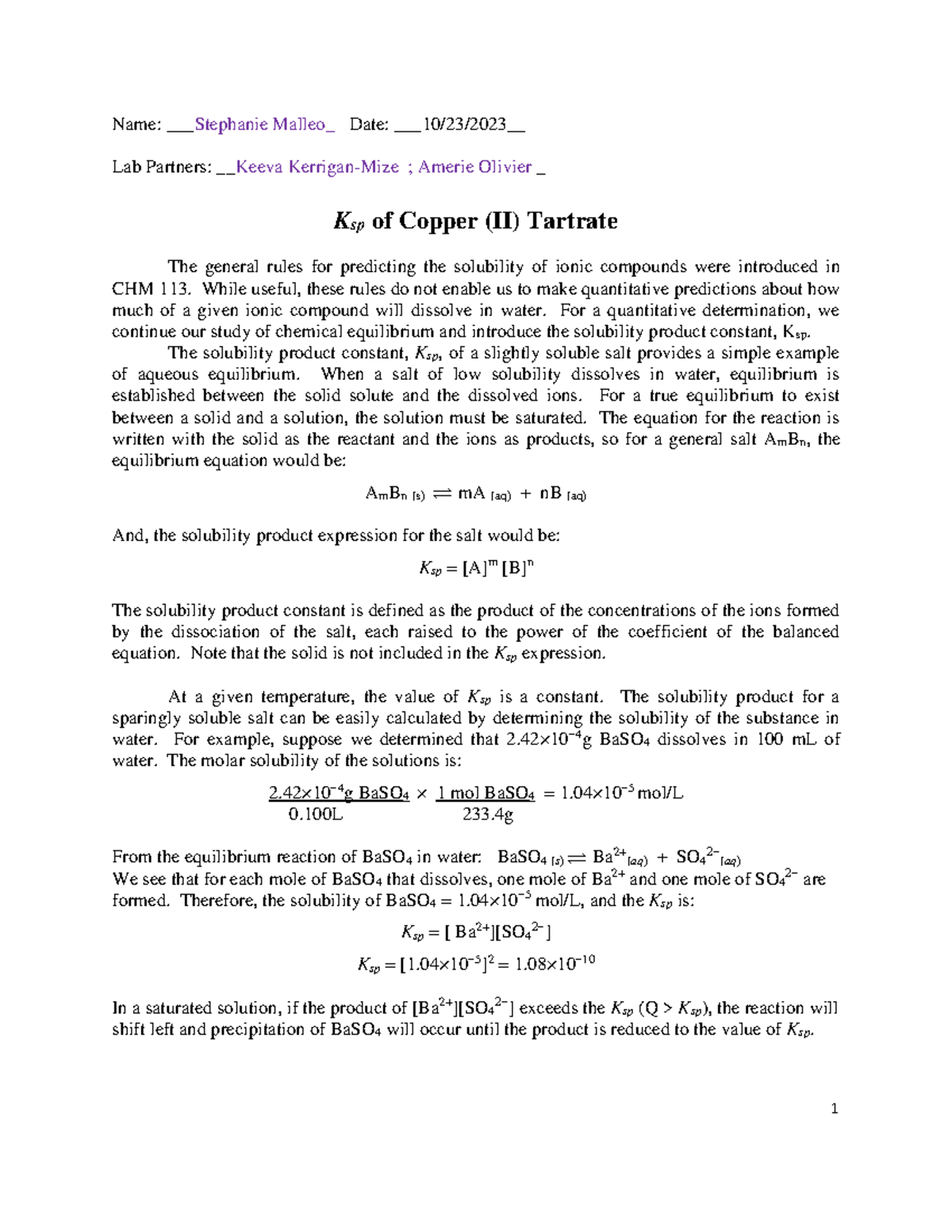 Lab7 Ksp of Copper (II) Tartrate Name __Stephanie Malleo Date _10