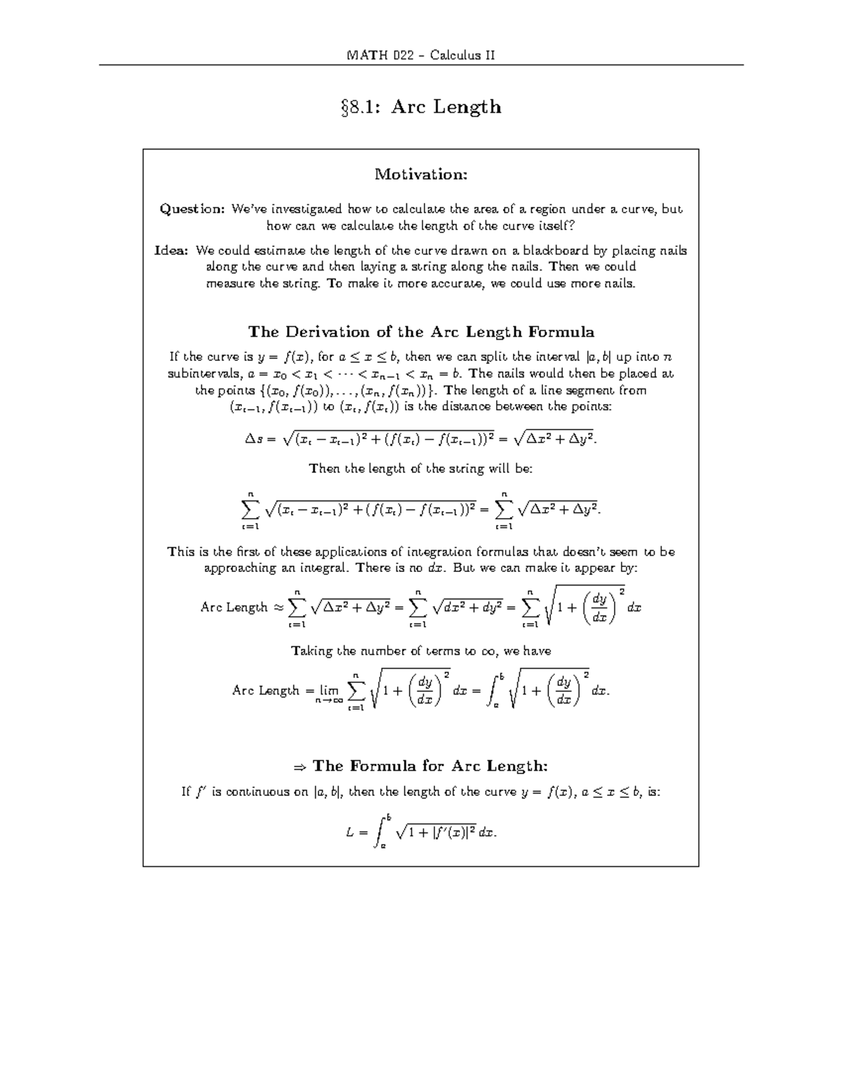 Section 8 - Just the notes - § 8. 1 : Arc Length Motivation: Question ...