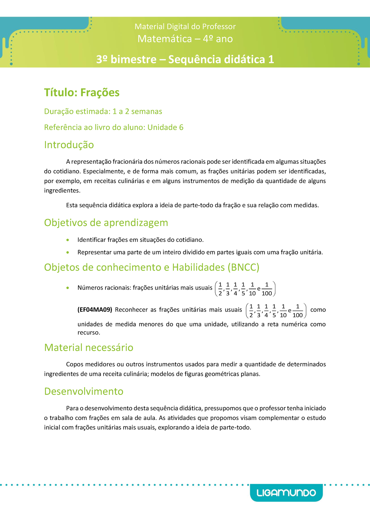 Frações Unitárias II - Planos de aula - 4º ano