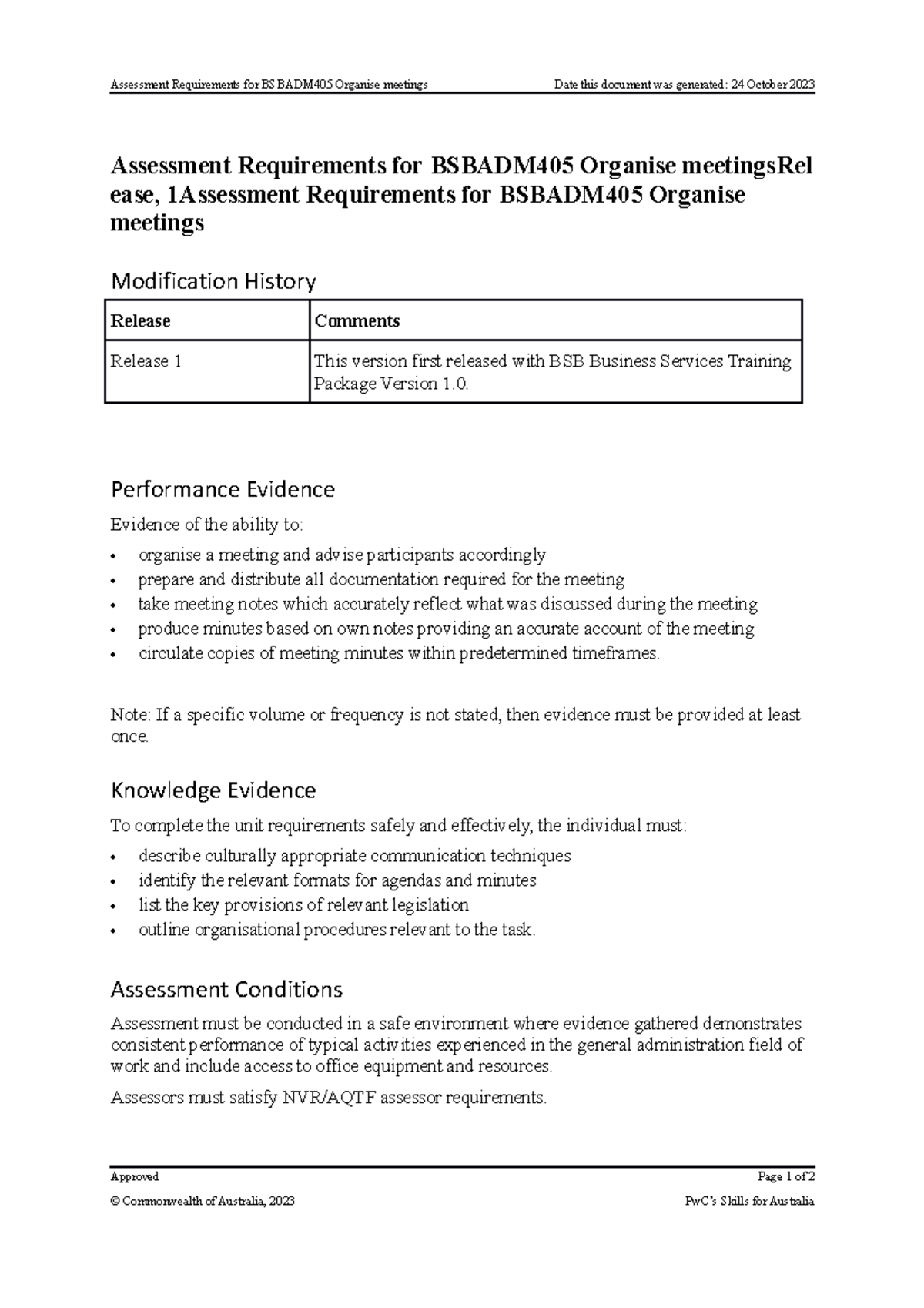 Bsbadm 405 Assessment Requirements R1 - Assessment Requirements for ...