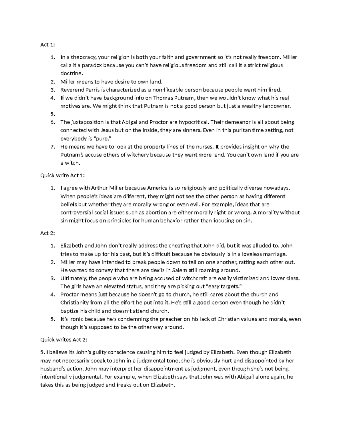 Crucible packet - biology - Act 1: 1. In a theocracy, your religion is ...