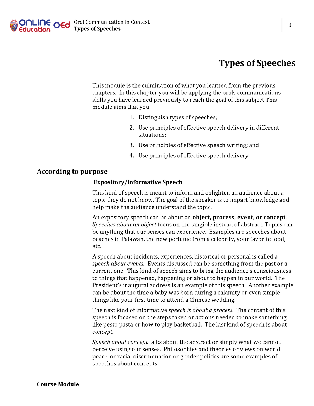 types of speeches oral communication module