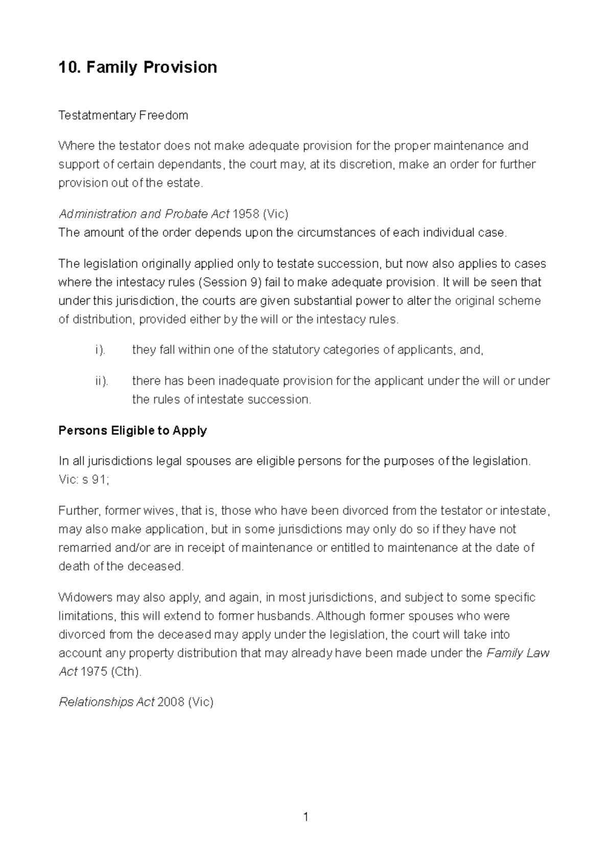10Family Provis 19 - Wills & Admin Notes - 10. Family Provision ...