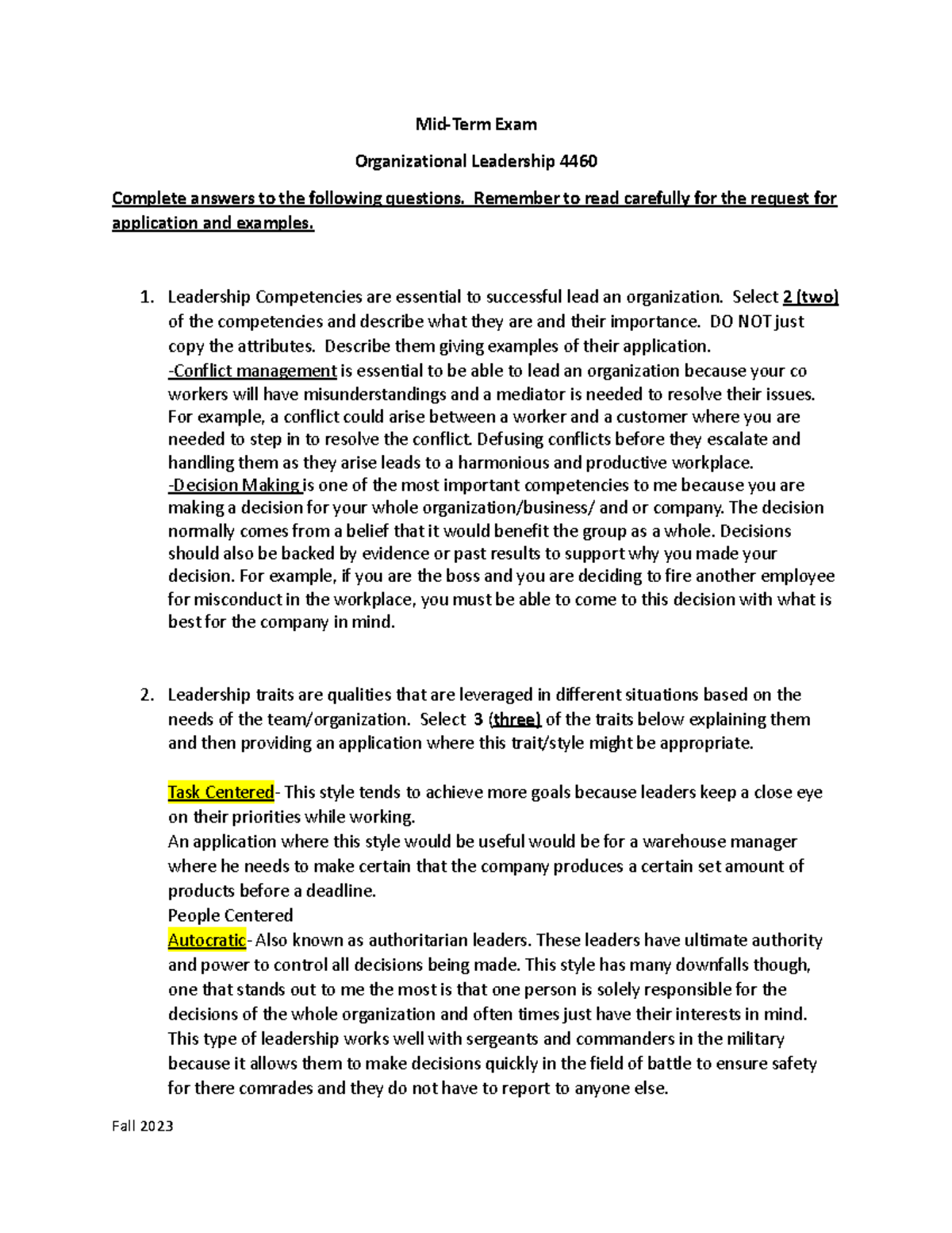 Mid-Term exam org - Mid term questions and answers for Organizational ...