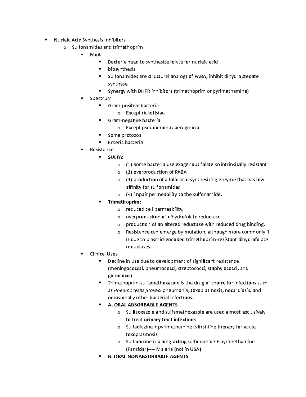 Sulfa quinolones - notes - Nucleic Acid Synthesis Inhibitors o ...