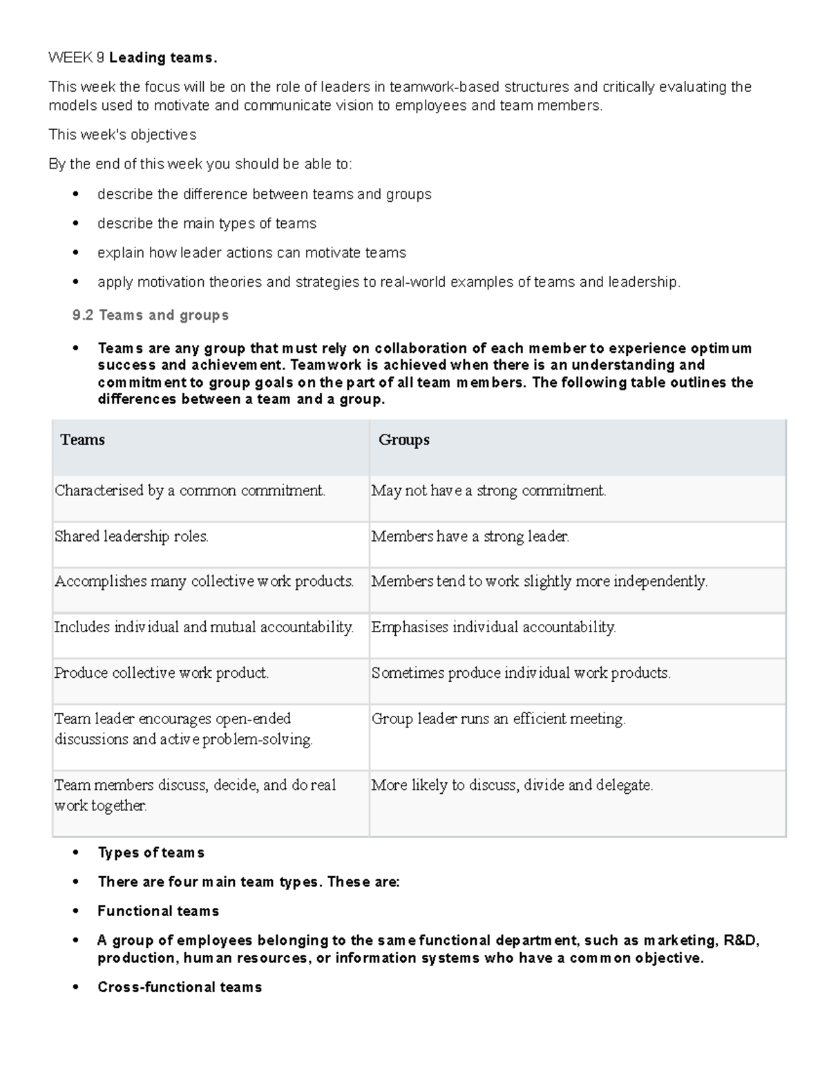 WEEK 9 Leading teams - Lecture notes WEEK 9 - WEEK 9 Leading teams ...