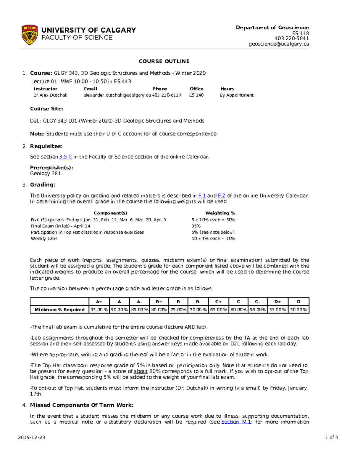 Course Outline-GLGY 343-W20 - Department of Geoscience ES 118 403 220 ...