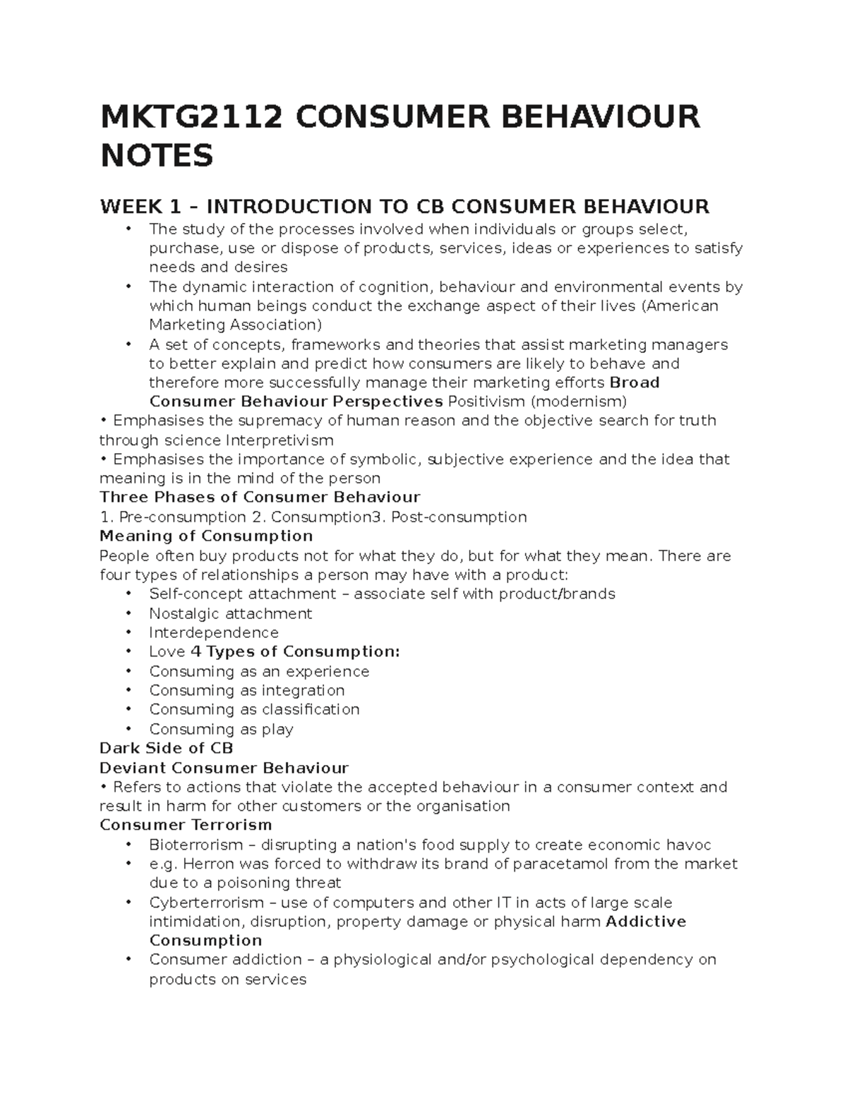 MKTG2112 Consumer Behaviour Notes - MKTG2112 - USyd - Studocu