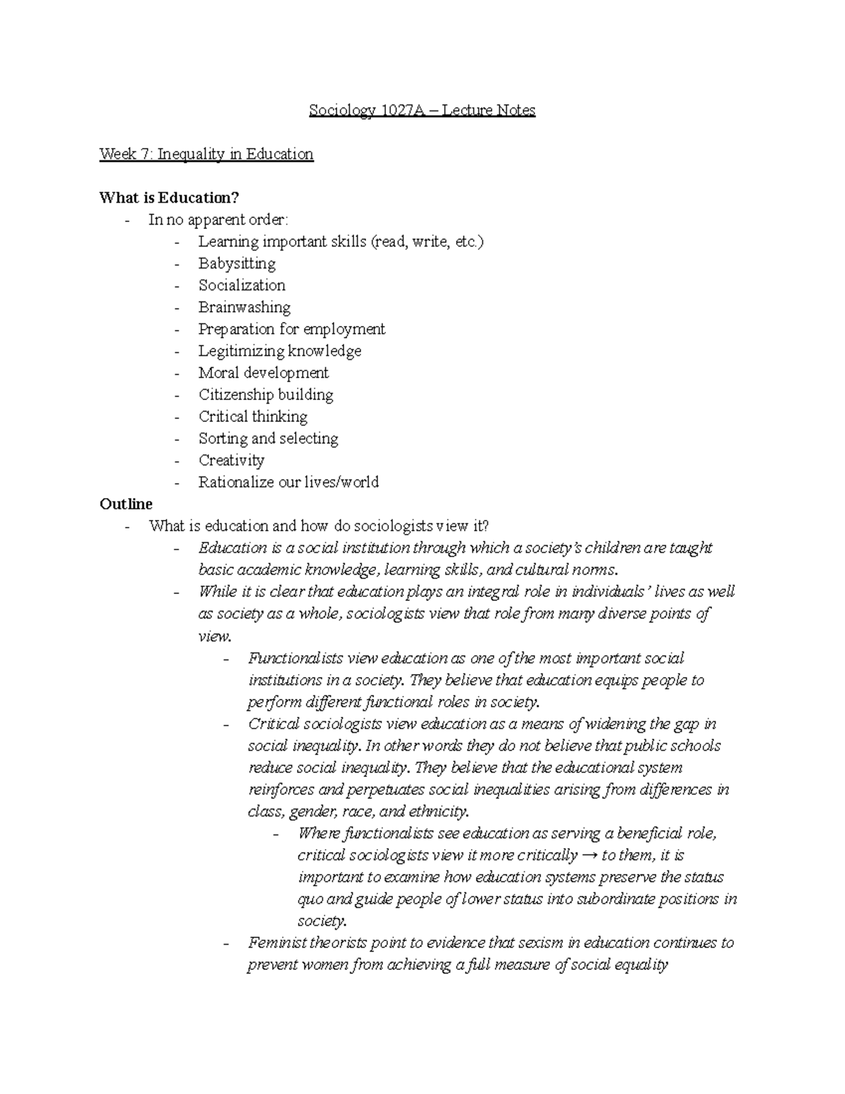 Sociology 1027A – Lecture Notes - Sociology 1027A – Lecture Notes Week ...