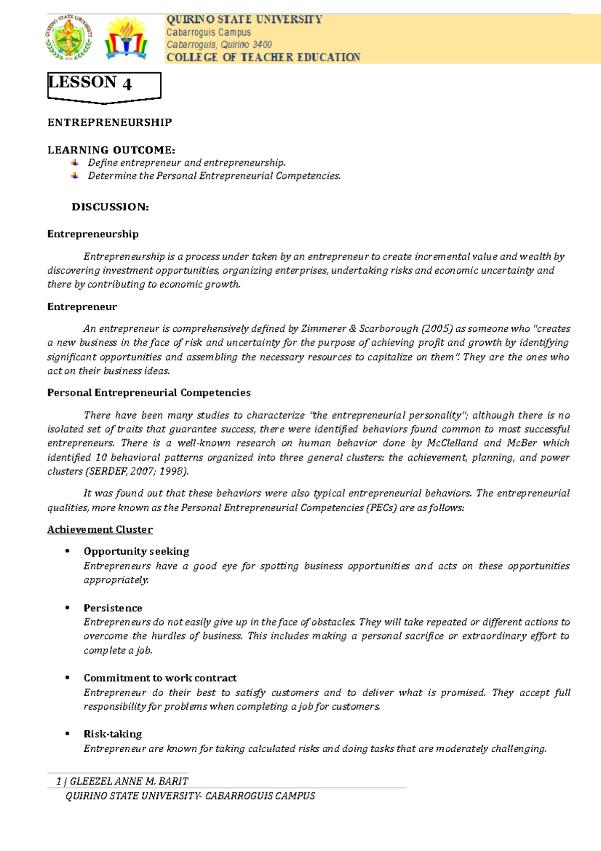 EPP Lesson 4 Lecture notes in EPP 2 ENTREPRENEURSHIP LEARNING Define entrepreneur