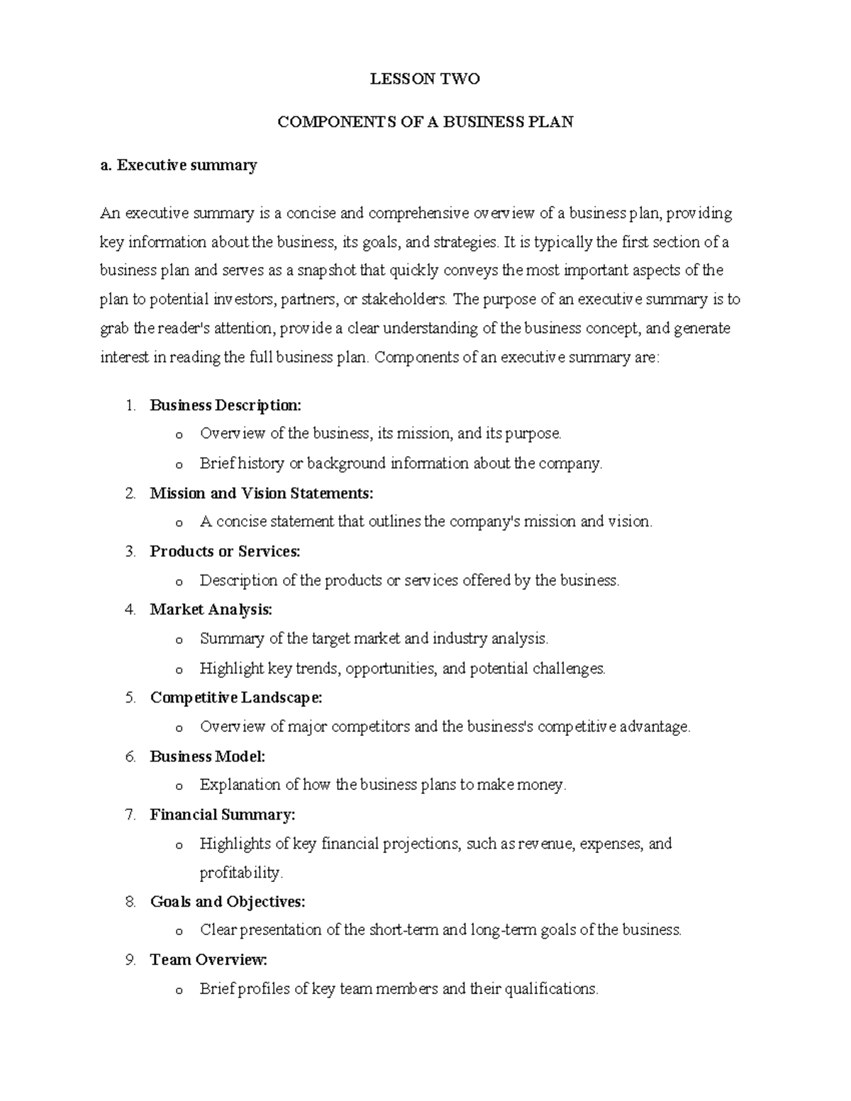 Lesson TWO BP - Business planning - LESSON TWO COMPONENTS OF A BUSINESS ...