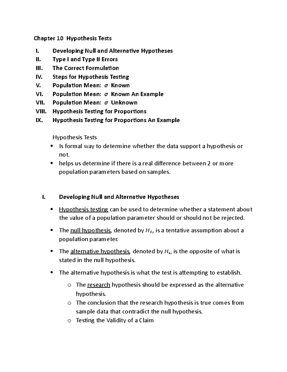 Chapter 10 Notes - Chapter 10 Hypothesis Tests I. Developing Null and ...