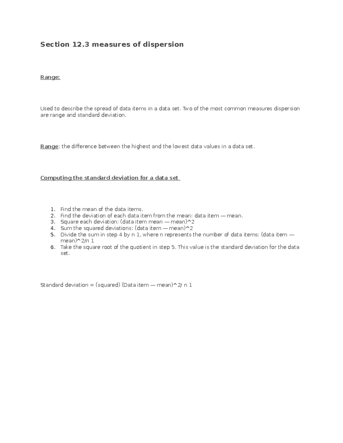 Section 12 - Teacher: Hui Liu - Section 12 Measures Of Dispersion Range ...