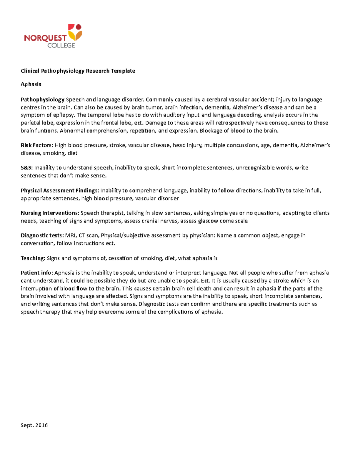 Aphasia - Clinical Pathophysiology Research Template Aphasia ...