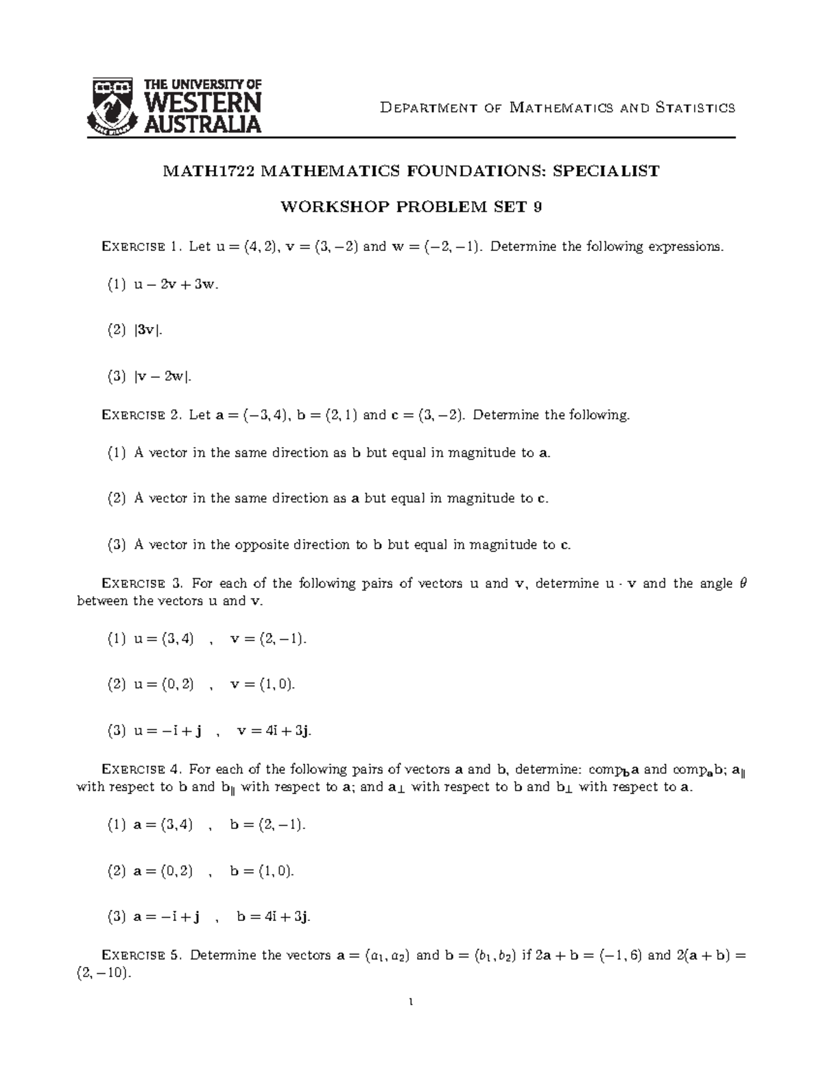 Week 9 workshop - Department of Mathematics and Statistics MATH1722 ...