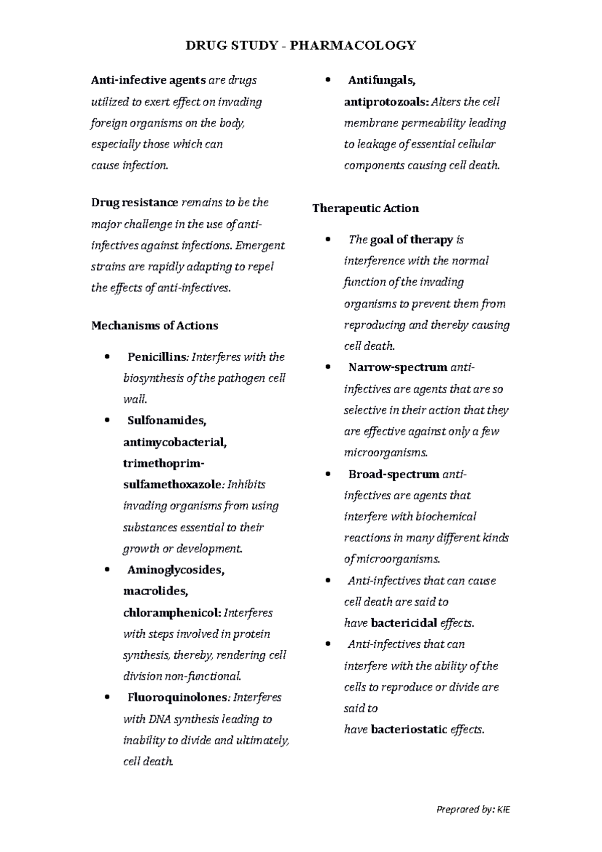 Antiinfective agents DRUG Study DRUG STUDY PHARMACOLOGY Anti