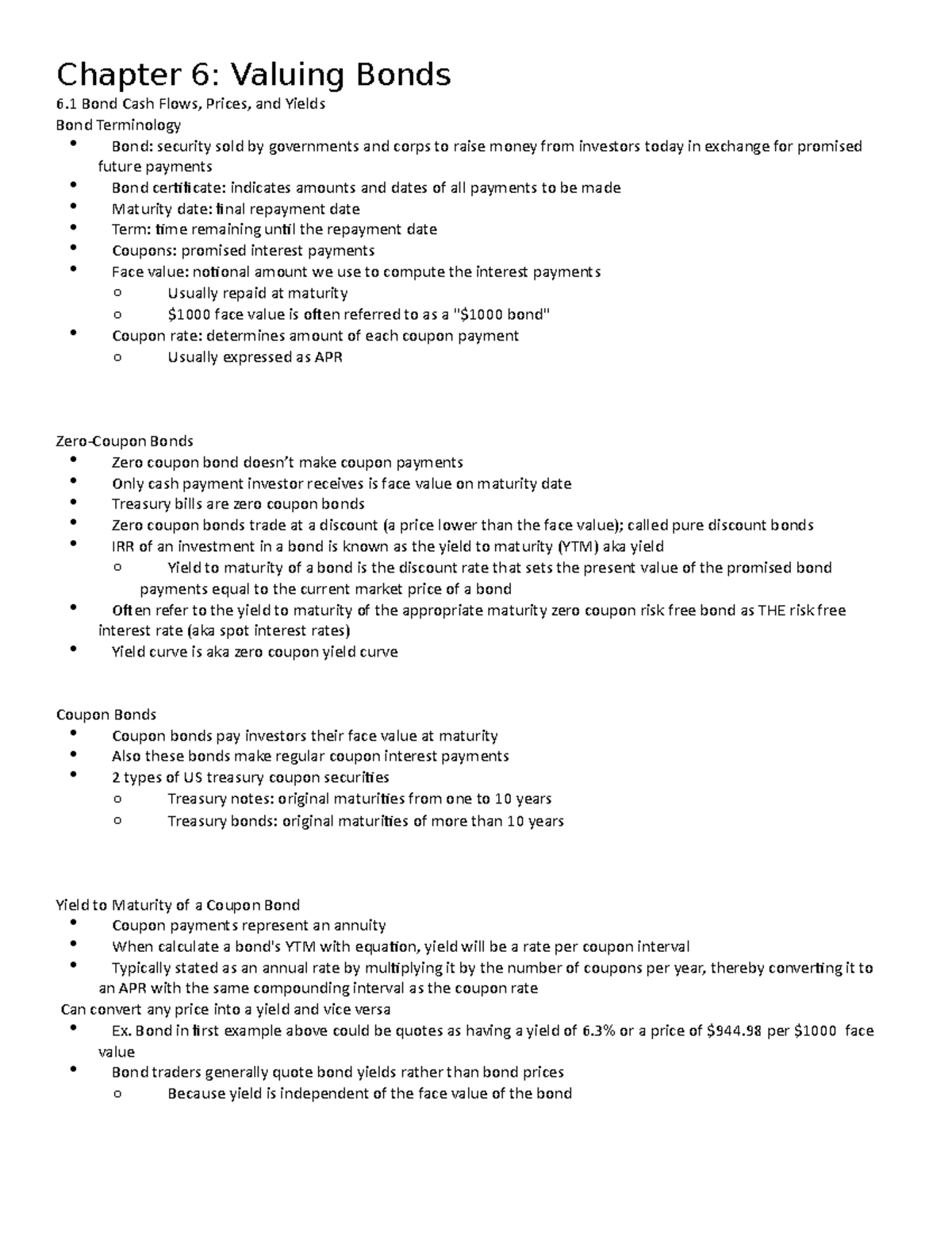 notes of corporate finance - Chapter 6: Valuing Bonds 6 Bond Cash Flows ...